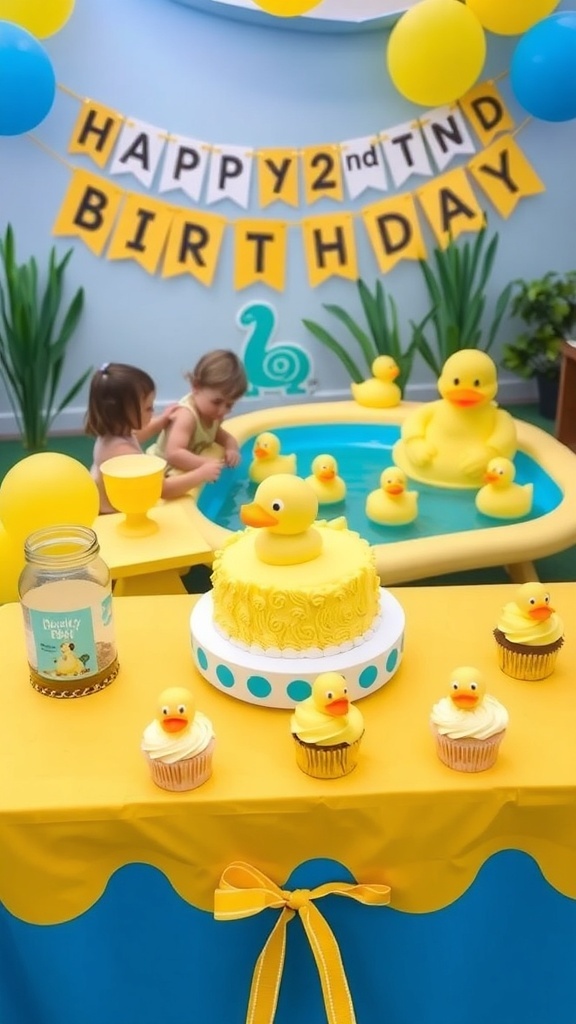 Duck-Themed 2nd Birthday Party for Girls Duck-themed birthday party setup with cake, cupcakes, balloons, and children playing.